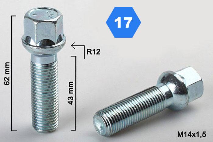 M14x1,5, Radius 12, Wielbout radius, Draadlengte 43mm, SW 17, o.a. Mercedes